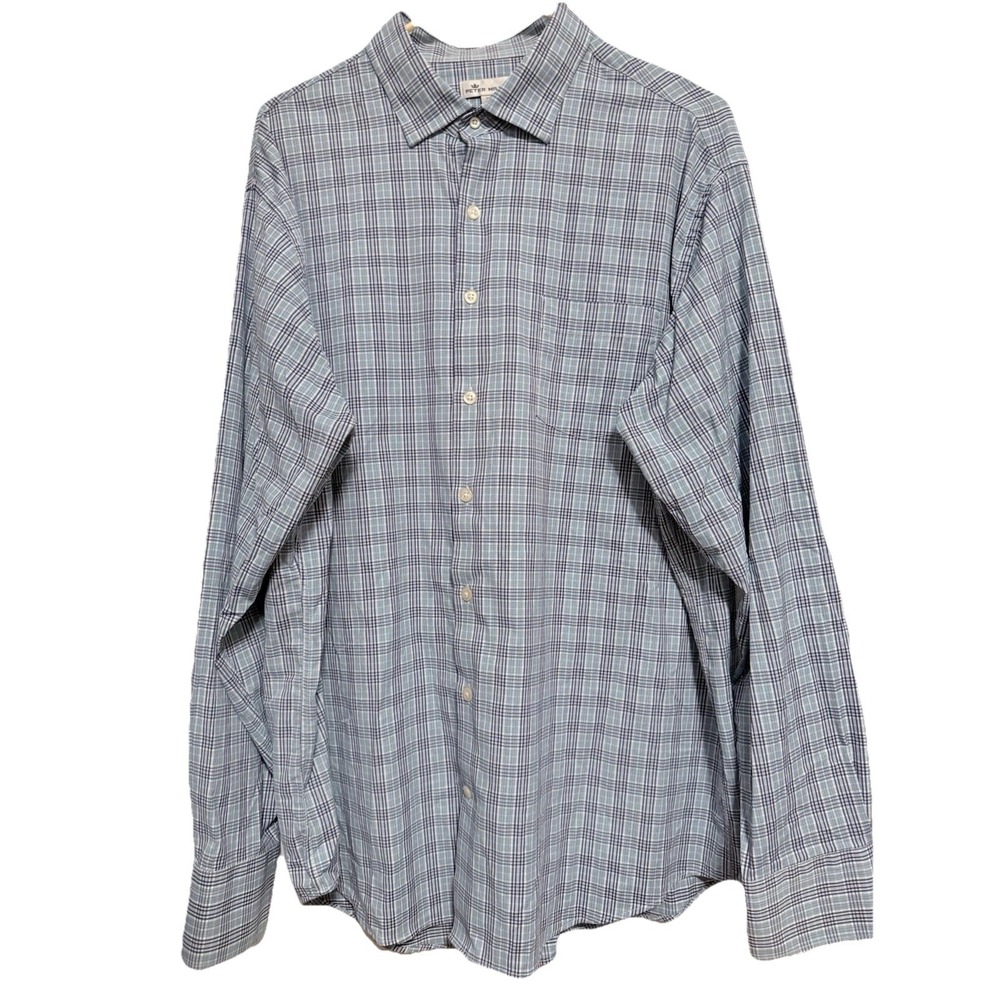 Peter Millar Men's Long Sleeve Blue Plaid Shirt XL